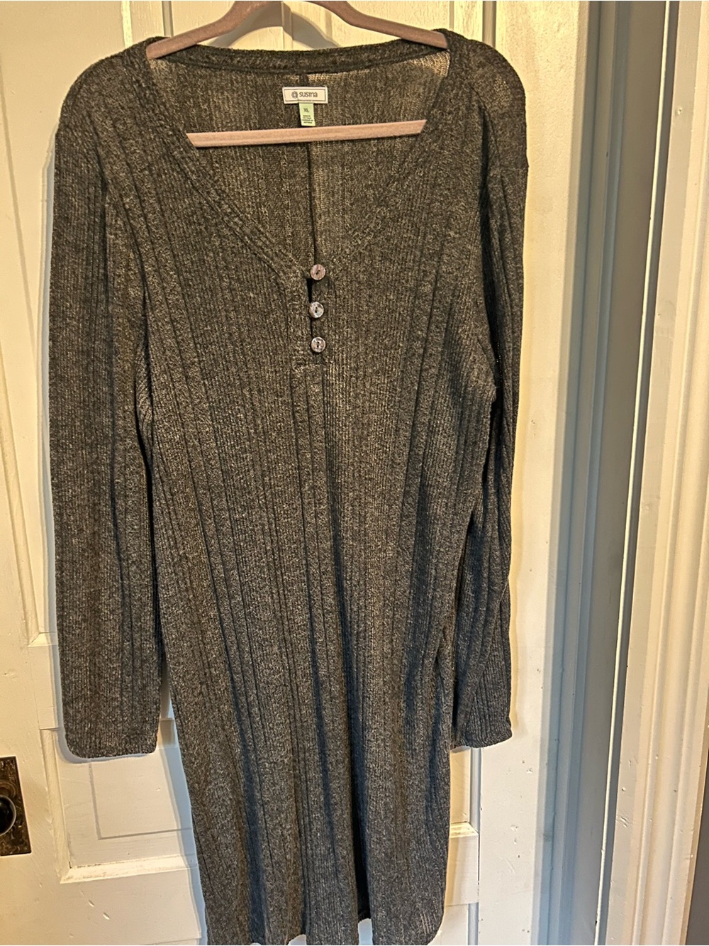Susina Greenish Ribbed Knit Long-Sleeve Dress